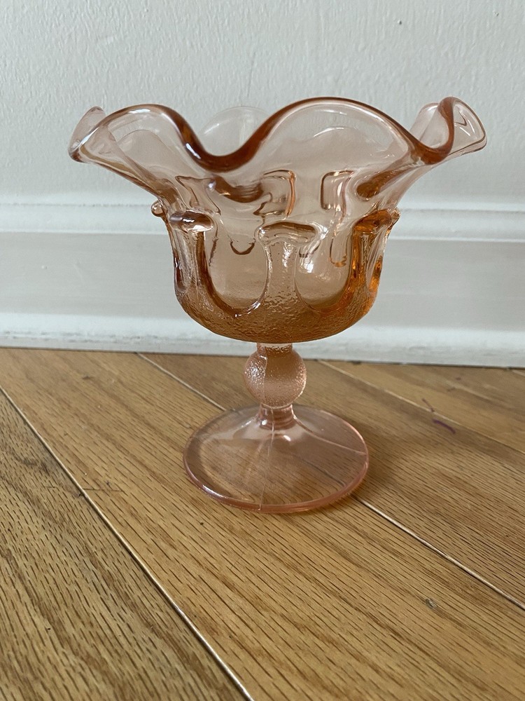Vintage Pink Ruffled Carnival Glass Pedestal Dish with Stem