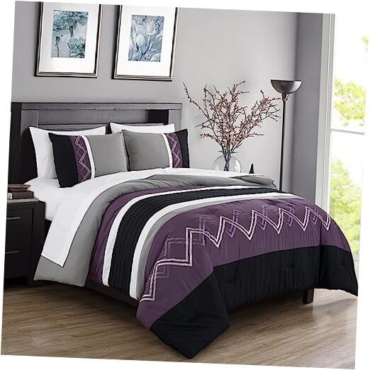 Jaxson Bed in a Bag Size 7-Piece Queen Purple/Black/Gray/White Zigzag