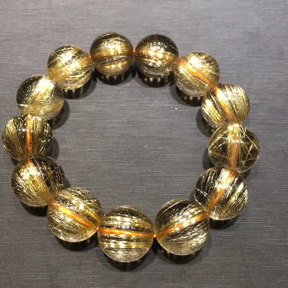 Natural Gold Hair Rutilated Quartz Crystals Round Beads Bracelet Healing 17mm