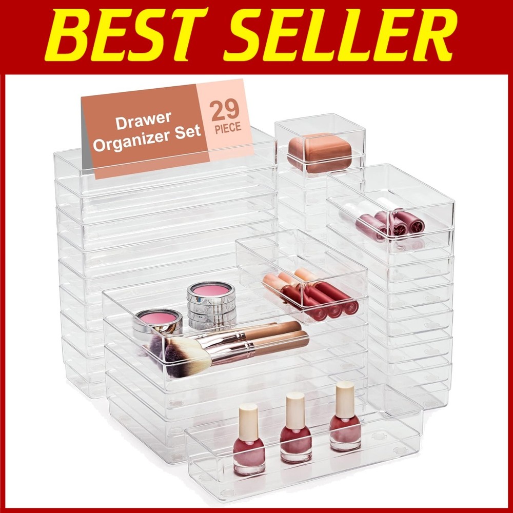 29-Piece Clear Drawer Organizer Set with Non-Slip Silicone Pads for Easy Storage