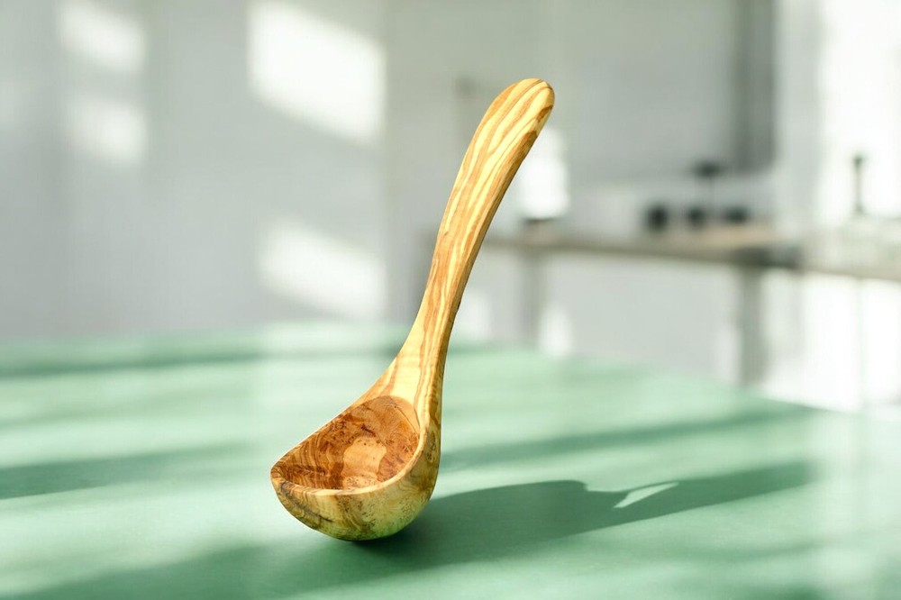 Handmade Olive Wood Soup Ladle 9.8 Inch Rustic Kitchen Scoop Spoon for Cooking Serving  