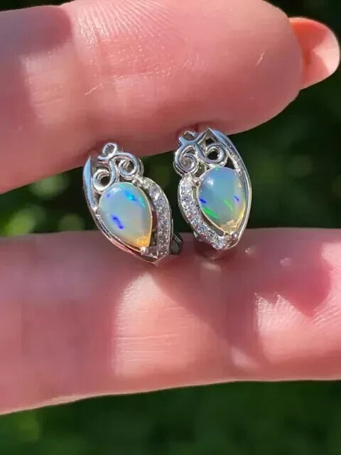 14K White Gold Plated 2Ct Pear Fire Opal Swirl Push Back Women's Stud Earring