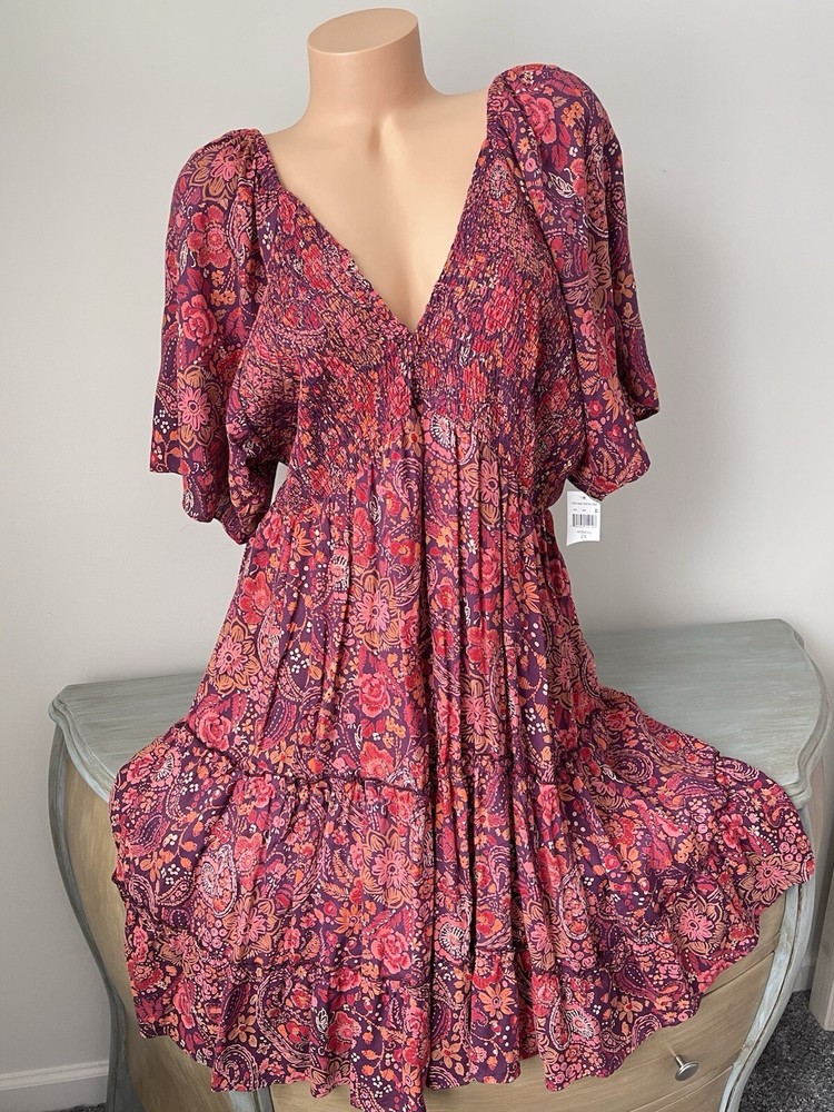 Boho Floral Tiered Dress XXL 2X Short Sleeve Colorful Retro Style