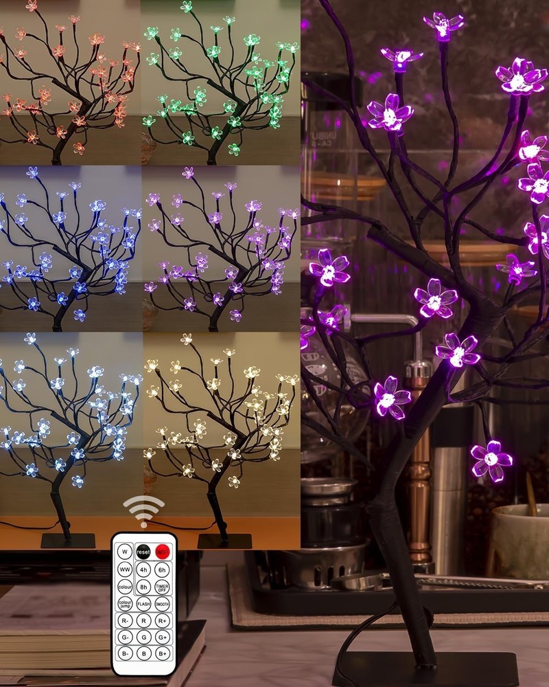 Cherry Blossom Bonsai Tree Light - 20IN LED Lamp with 24V UL-Listed Adapter & Memory Wire Branches