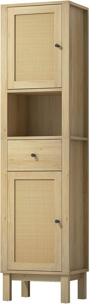 63 Inch Tall Rattan Bathroom Storage Cabinet with Drawer for Narrow Spaces