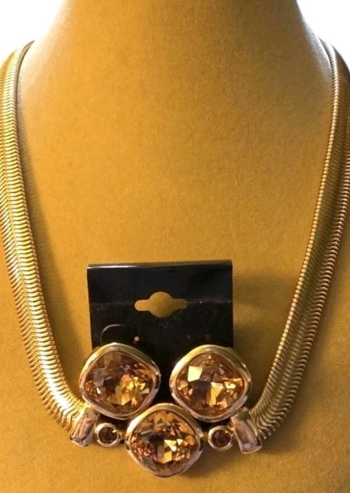 Dior Vintage Citrine Crystal Herringbone Necklace and Earrings Set