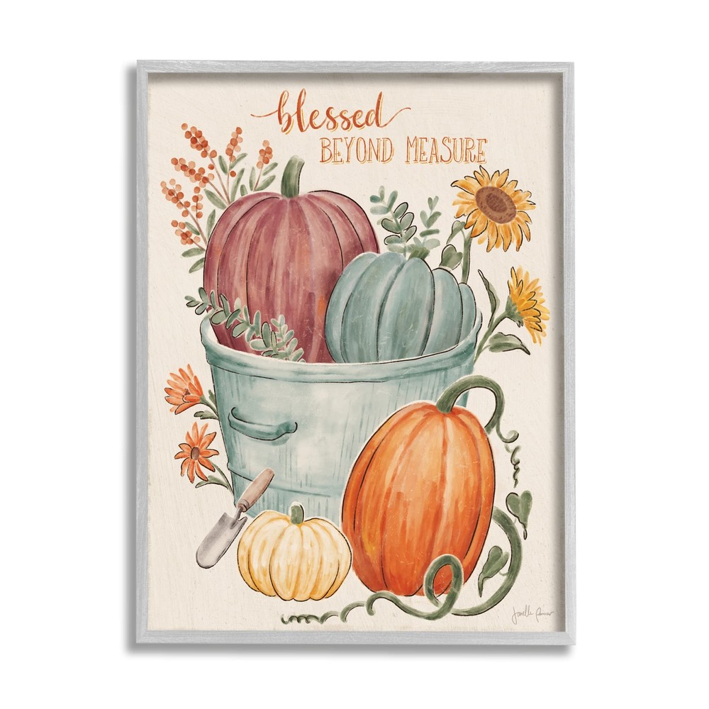 Blessed Beyond Measure Phrase Autumn Pumpkin Tin Grey Framed Wall Art, 16 x 2...