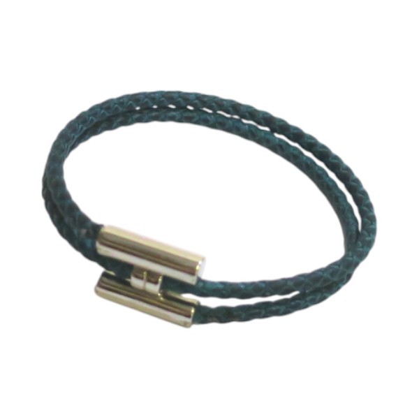 Hermes Tourni Tresse H Hardware Green Leather Bracelet Pre-Owned