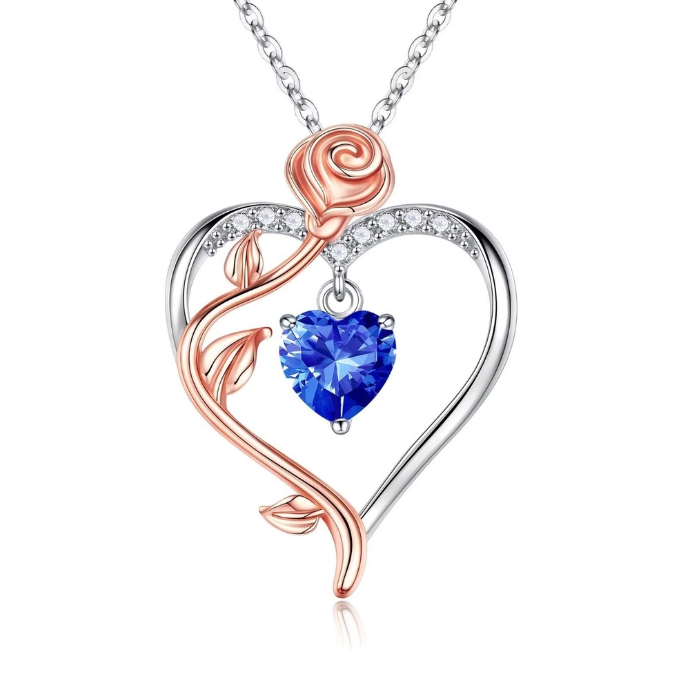 September Birthstone Necklace for Women, 925 Sterling Silver Rose Love Heart ...