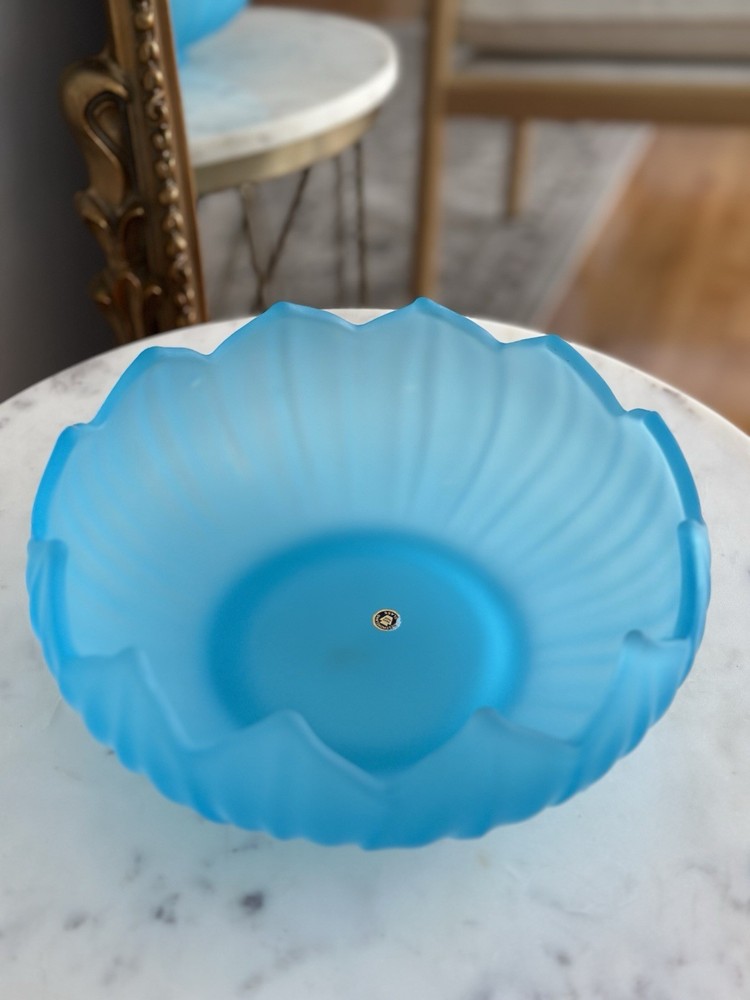 Vintage Westmoreland Blue Satin Glass Scalloped Bowl 9 Inch Lotus Pattern