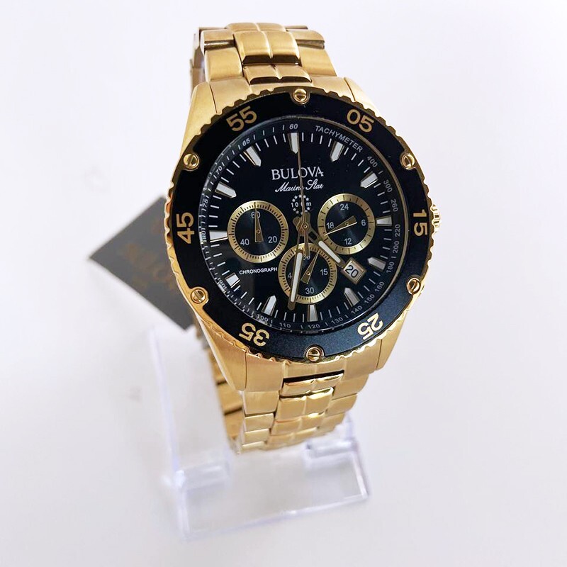 Bulova Marine Star Chronograph Gold Black Mens Quartz Watch 41.5mm 98B406