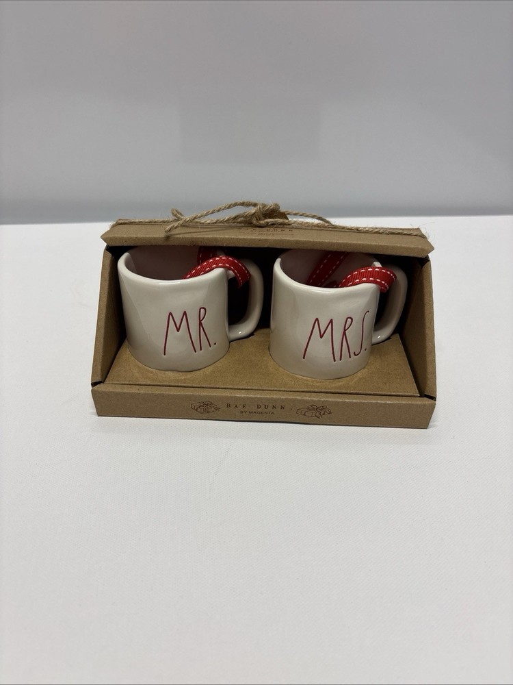 Rae Dunn MR. & MRS. Ceramic Red Letter Mini Mug Christmas Tree Ornaments