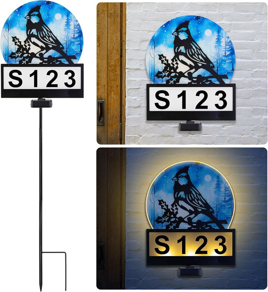 Solar-Powered Metal Bird House Number Stake for Lawn, Garden, or Pathway Front