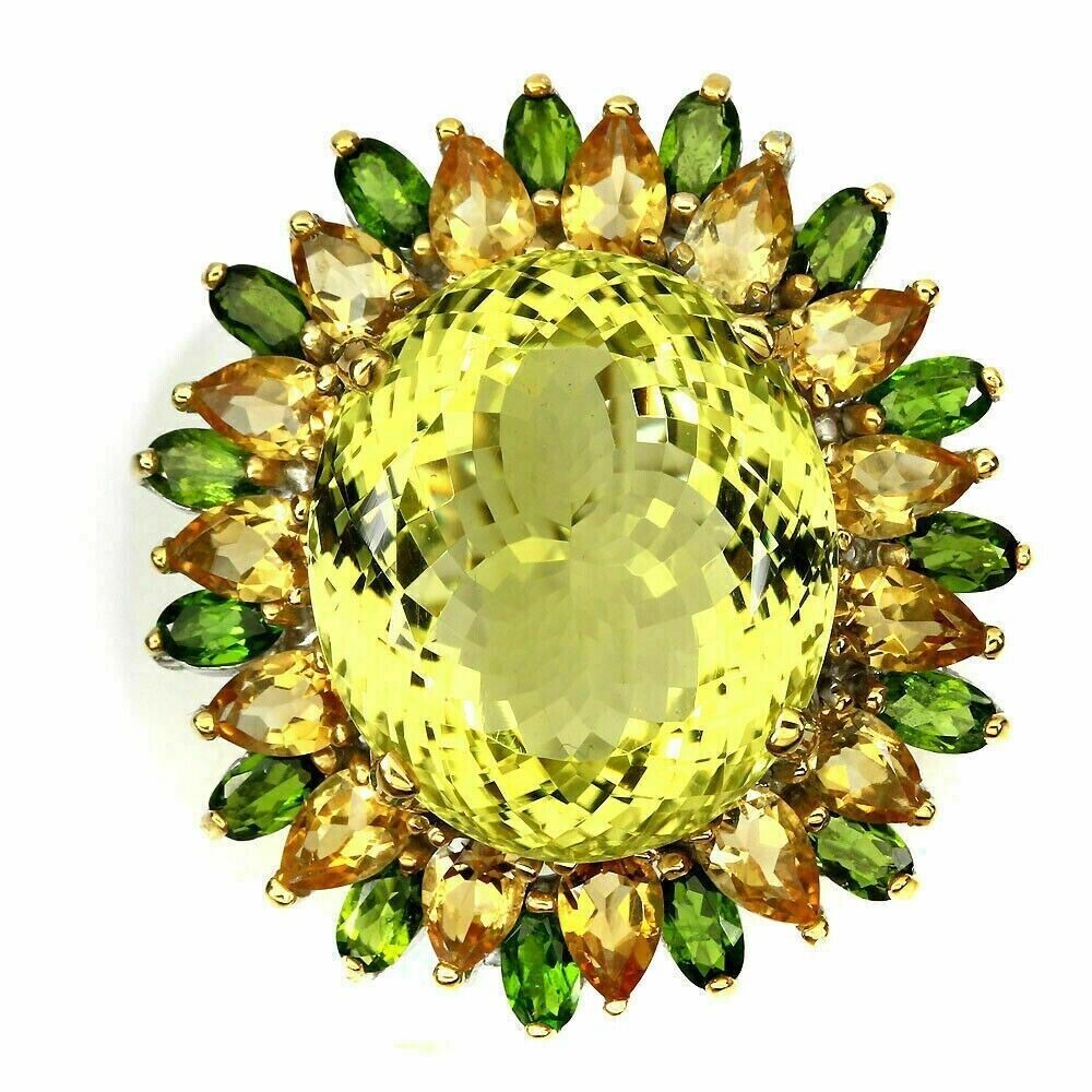 Sterling Silver Lemon Quartz Citrine Chrome Diopside Ring US Size 10