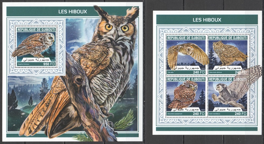 HM0325 2018 DJIBOUTI OWLS BIRDS OF PREY FAUNA #2179-2+BL1139 MNH