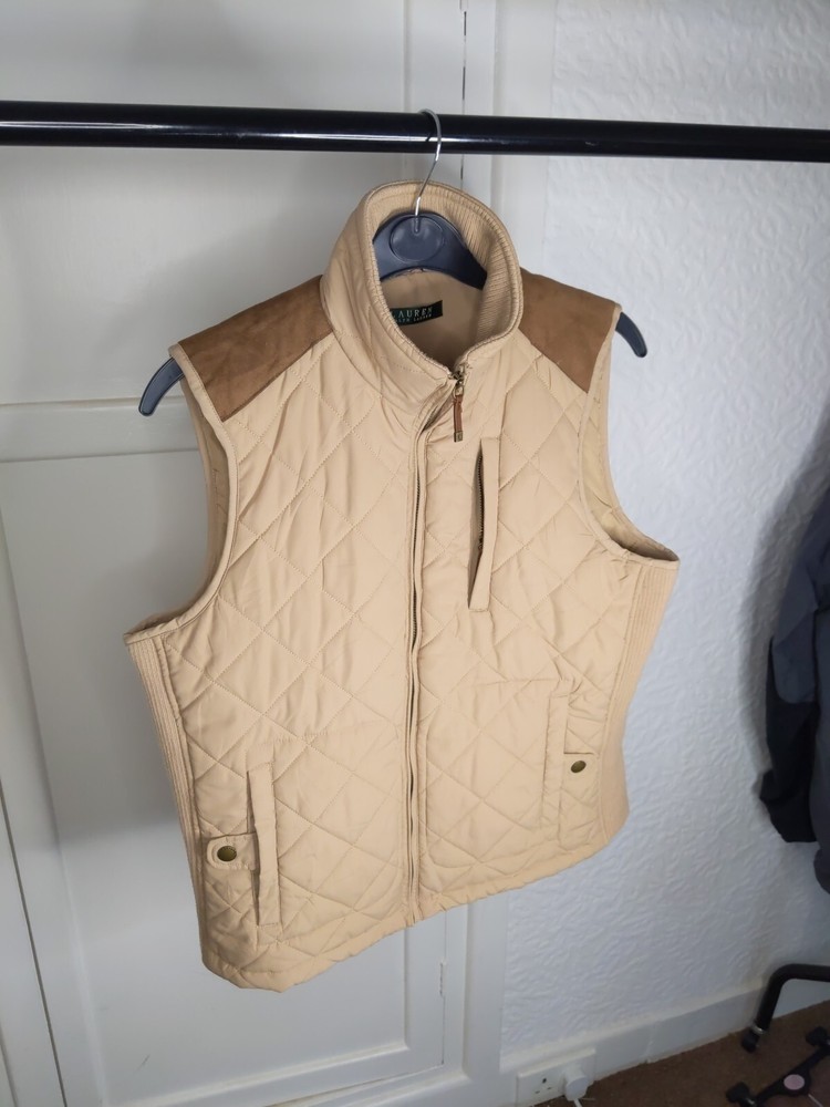 Lauren Ralph Lauren Tan Quilted Zip Front Equestrian Riding Vest Gilet M Medium