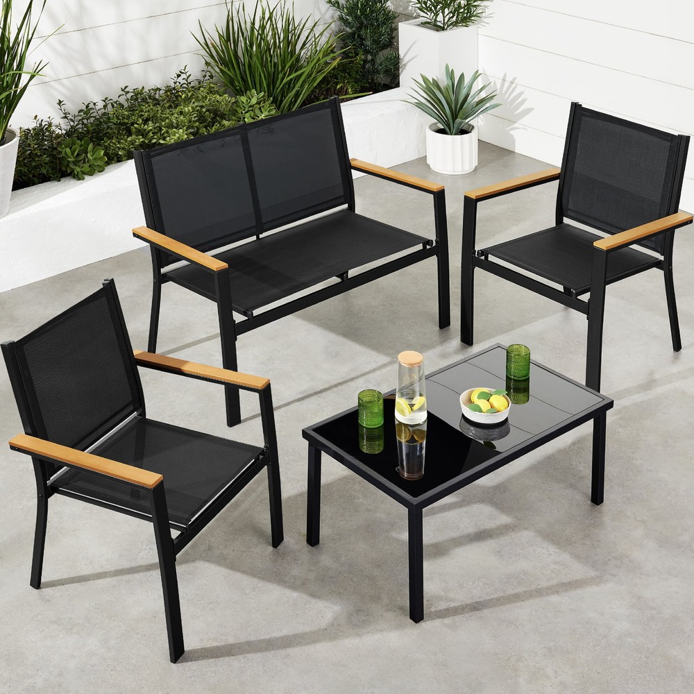 4-Piece Outdoor Patio Conversation Furniture Set W/ Loveseat, Table Black