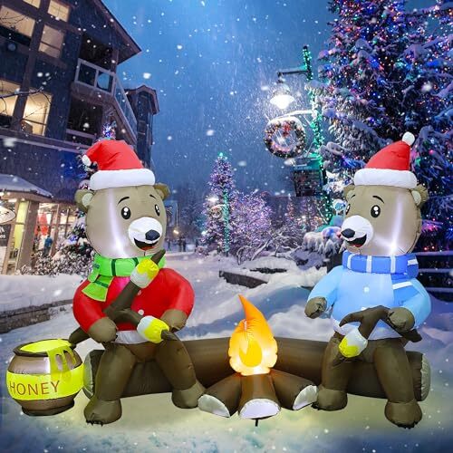 Christmas Inflatable Two Reindeer Roasting Marshmallows Over Campfire