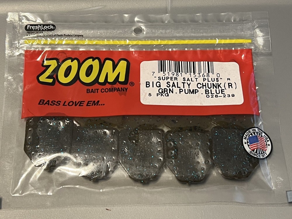 Zoom Big Salty Chunk Green Pumpkin Blue 5 Pack Soft Plastic Fishing Lures