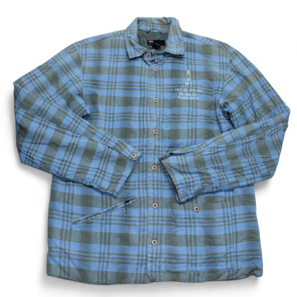 Diesel Quilted Overshirt Shacket Mens Medium Blue Checked Long Sleeve Button