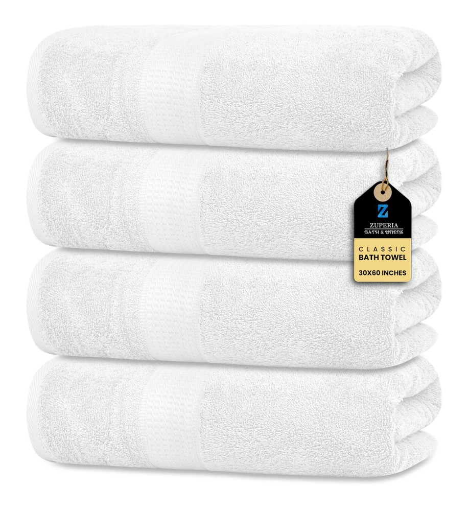 4 Pack Bath Towels 30x60 inches 100% Cotton Quick Dry Ultra-Soft White