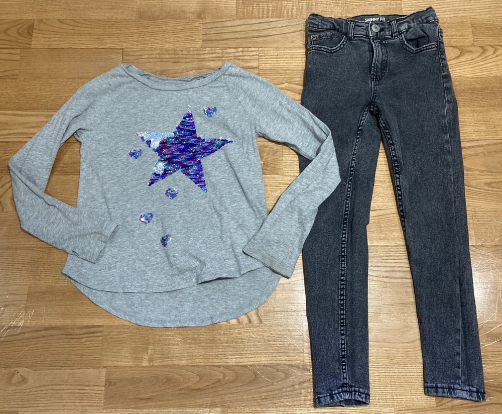 Girl's Gap & Zara Outfit Size 8 - Gray Sequin Top w/Stonewashed Black Jeans