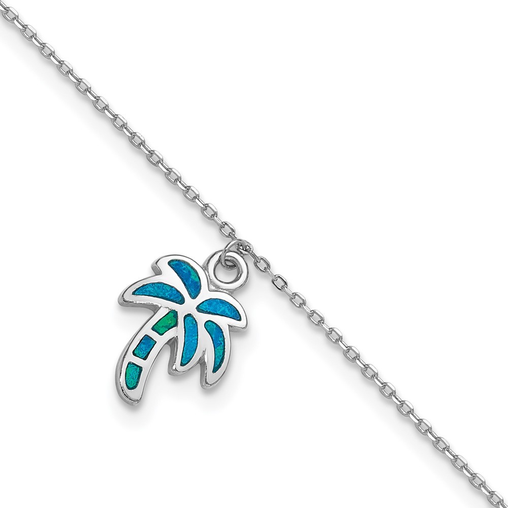 Sterling Silver Rhodium Plated Lab Opal Palm Tree Anklet 9 Inch with 1 Inch Extender