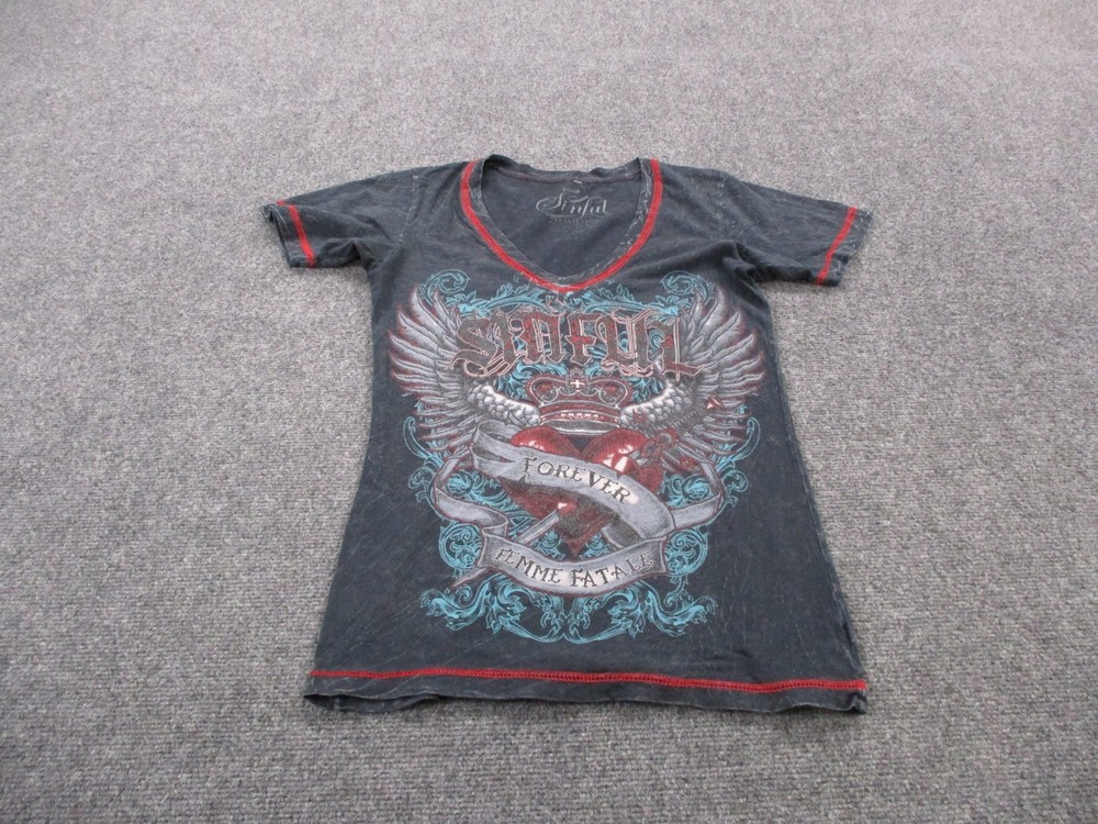 Affliction Shirt Womens M Black Heart Wings Graphic Forever Femme Fatale Biker