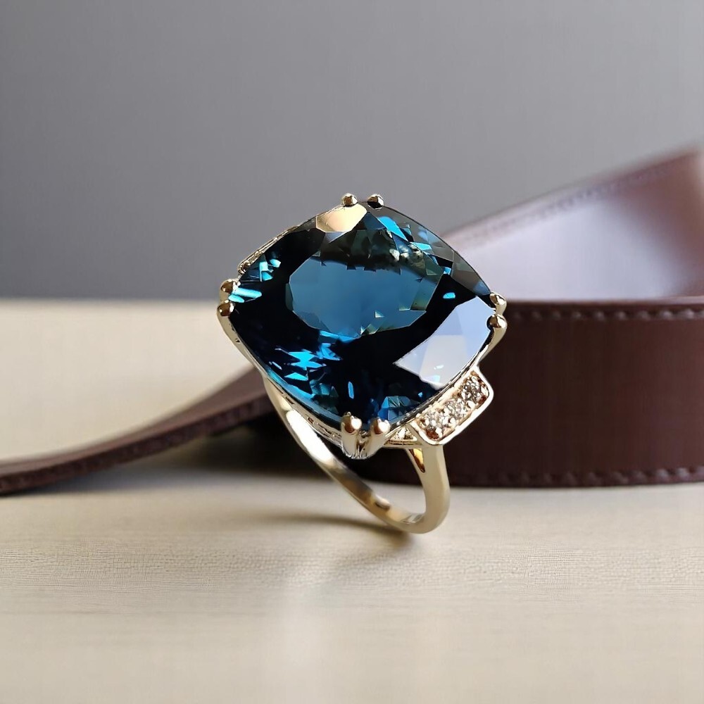 18K Yellow Gold Wedding Ring Real Diamond Cushion Cut London Blue Topaz 15.90 Ct