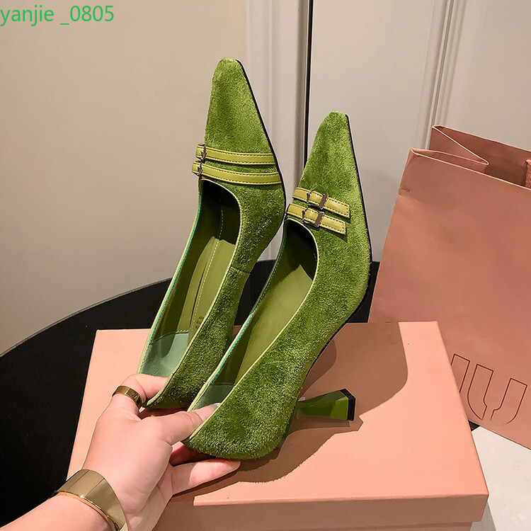 Women's Pointed Toe Suede Leather Pumps with Buckle Detail High Heel Slip On