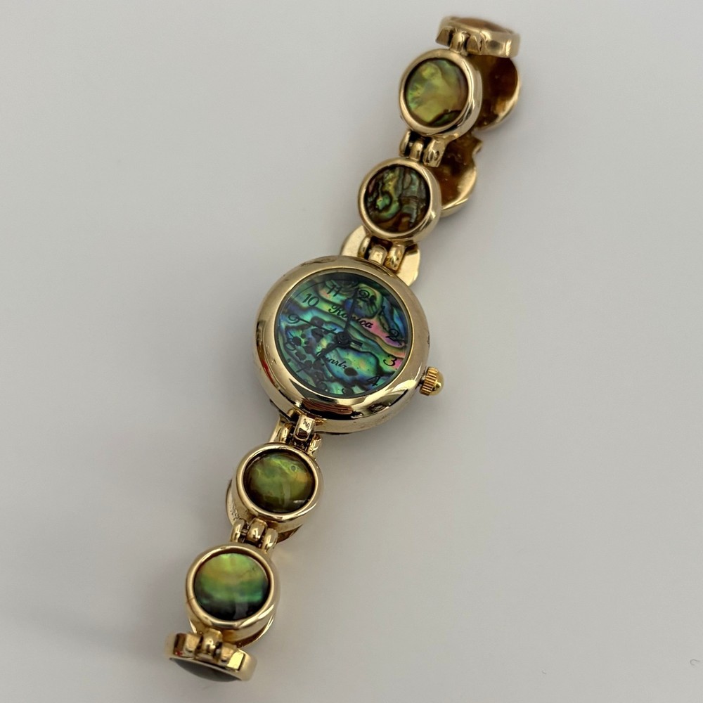Women's Vintage 1990s Ronica Abalone Shell Gold Tone Bracelet Wrist Watch Quartz