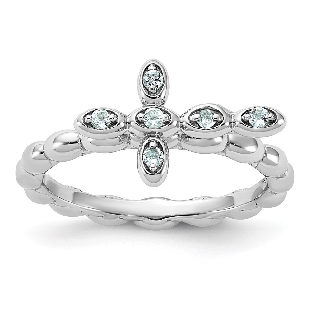 925 Sterling Silver Stackable Expressions Aquamarine Cross Ring Size 5
