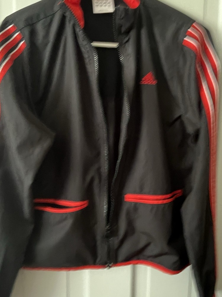 Vintage Adidas Black Windbreaker with Red and White Stripes Size M