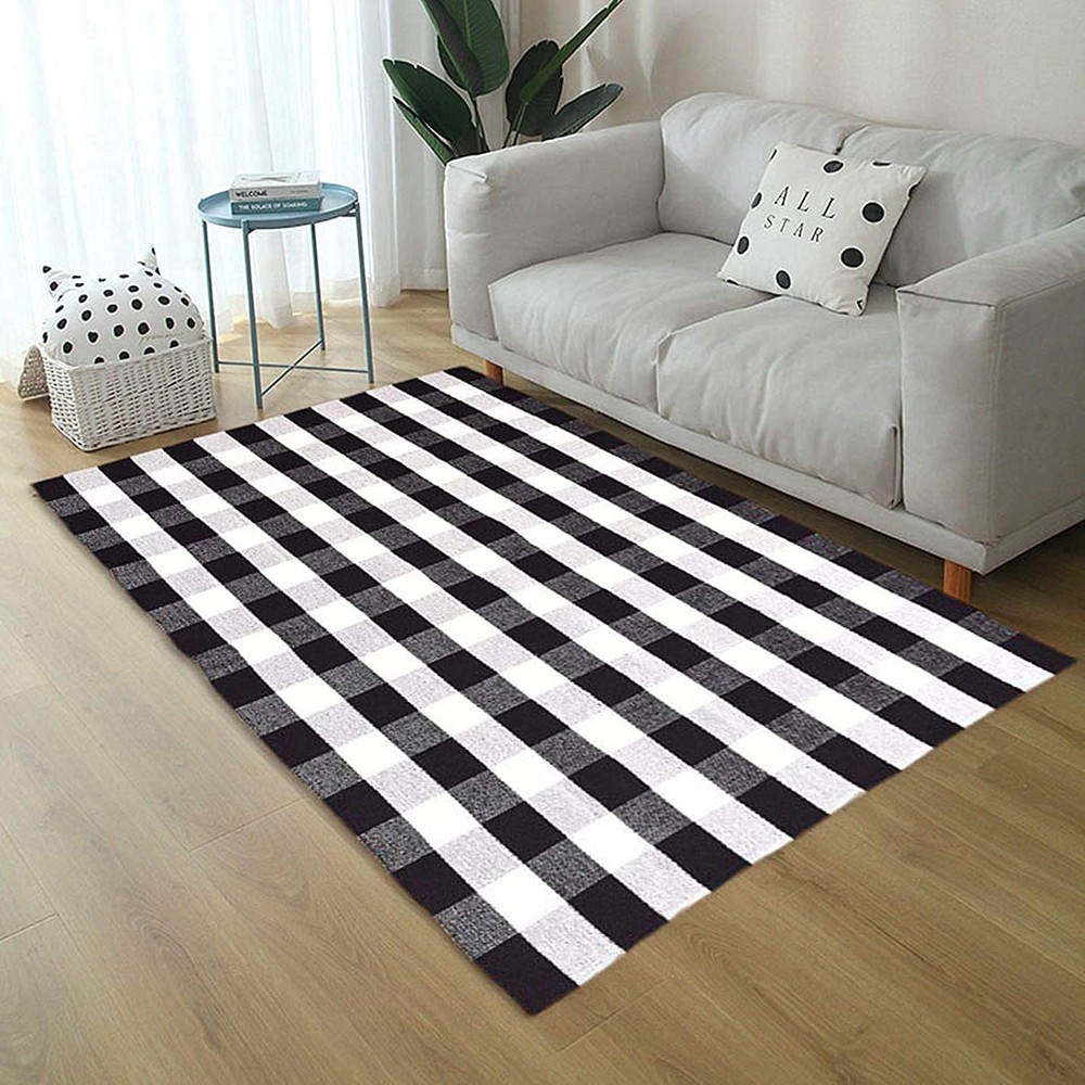 Cotton Washable Area Rugs Black and White Buffalo Checkered Rug Large Hand-Wo...