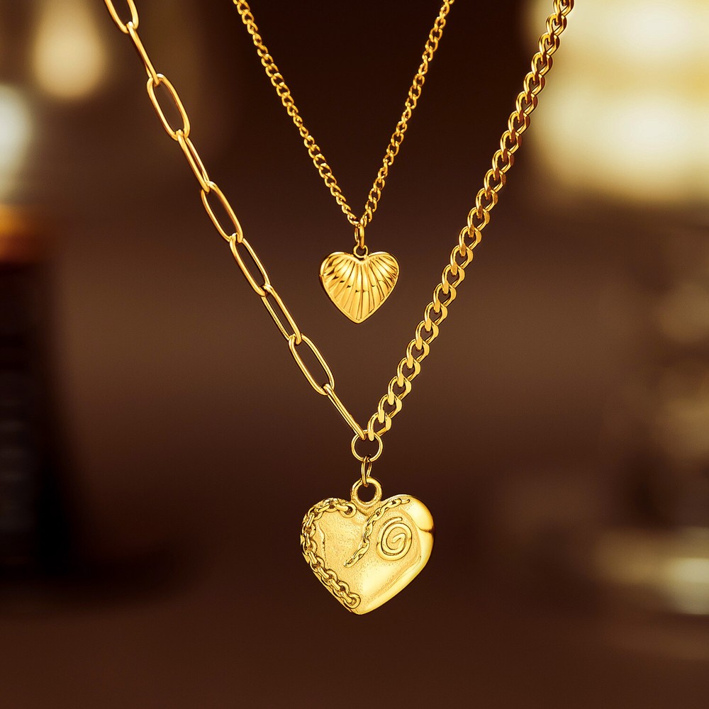 Women Gir Layered Necklace Gold Heart Pendant Dainty Choker Layering Curb Gift