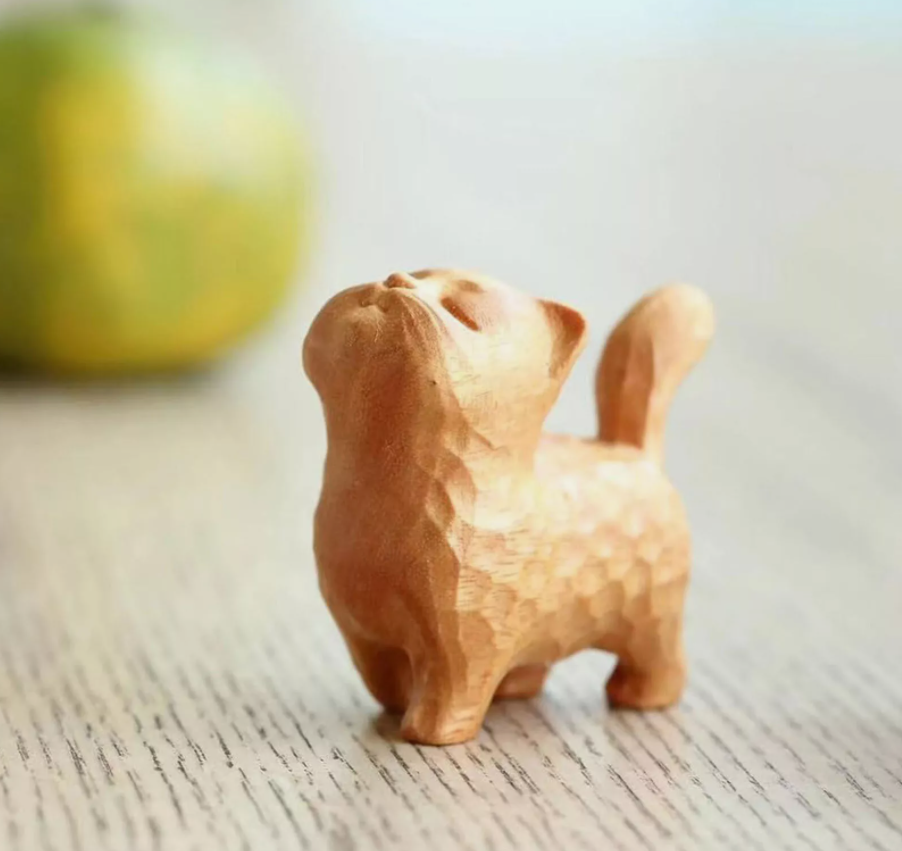 A tsundere cat Wooden Statue animal Carving Wood Figure Decor Children Gift *