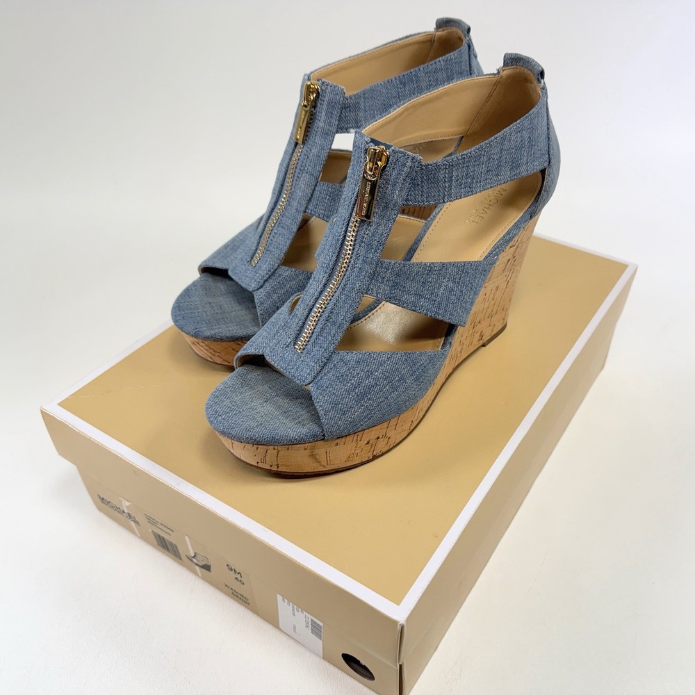 Michael Kors Womens Damita Wedge Blue Washed Denim  Size 9 M Sandals Platform