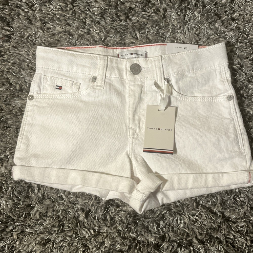 Tommy Hilfiger Girls White Denim Shorts Size 8 Cuffed 24 Inch Adjustable Waist NWT
