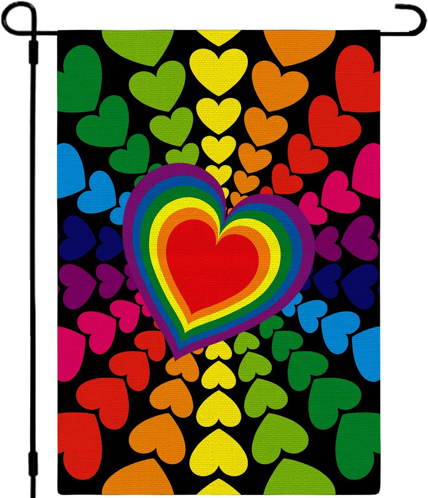 Gay Pride Day Garden Flag Rainbow Hearts Pattern Burlap Yard Flag Double-Sided O-image