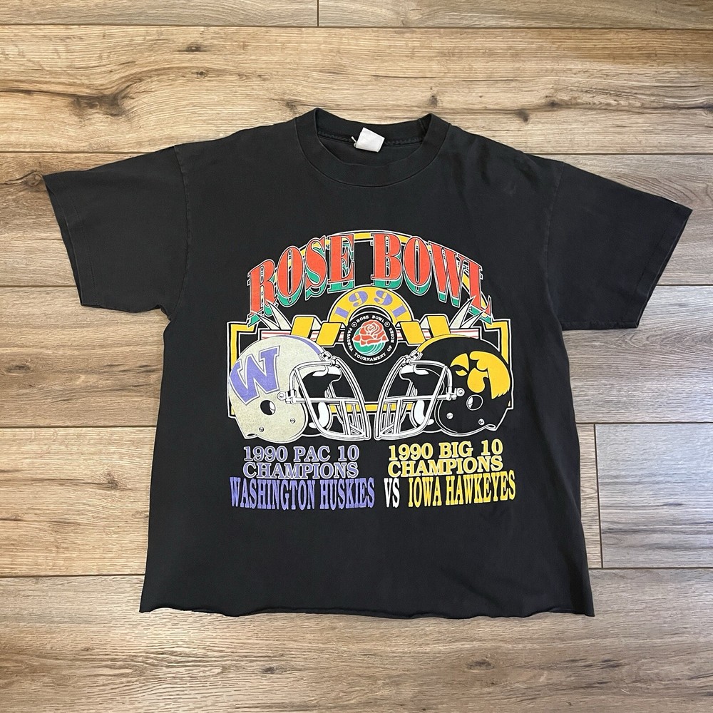 Vintage 1991 Rose Bowl T-Shirt Iowa Hawkeyes Washington Huskies Logo 7 Crop M-L