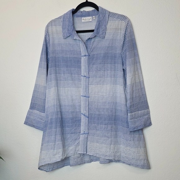 Habitat Size S Blue Stripe Cotton Long Sleeve Button Down Shirt Relaxed Coastal