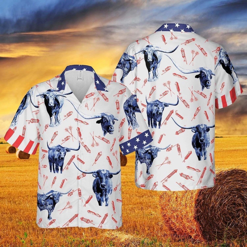 Independence Day Fire Cracker Tx Longhorn Pattern All Printed 3D Hawaiian Shirt