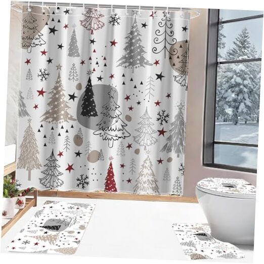 Christmas Shower Curtain Sets 4pcs Winter Pine 71