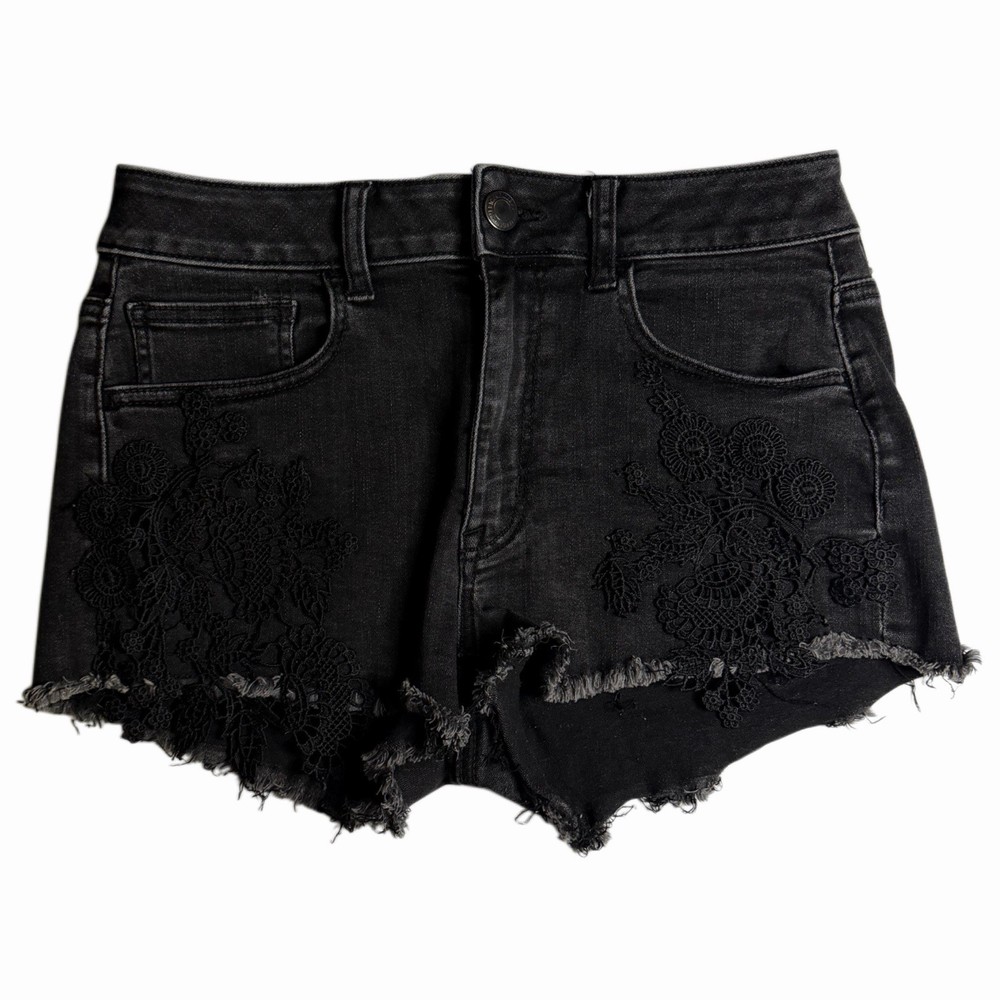 American Eagle Black Denim Shorts Lace Embroidered Distressed Raw Hem Size 6