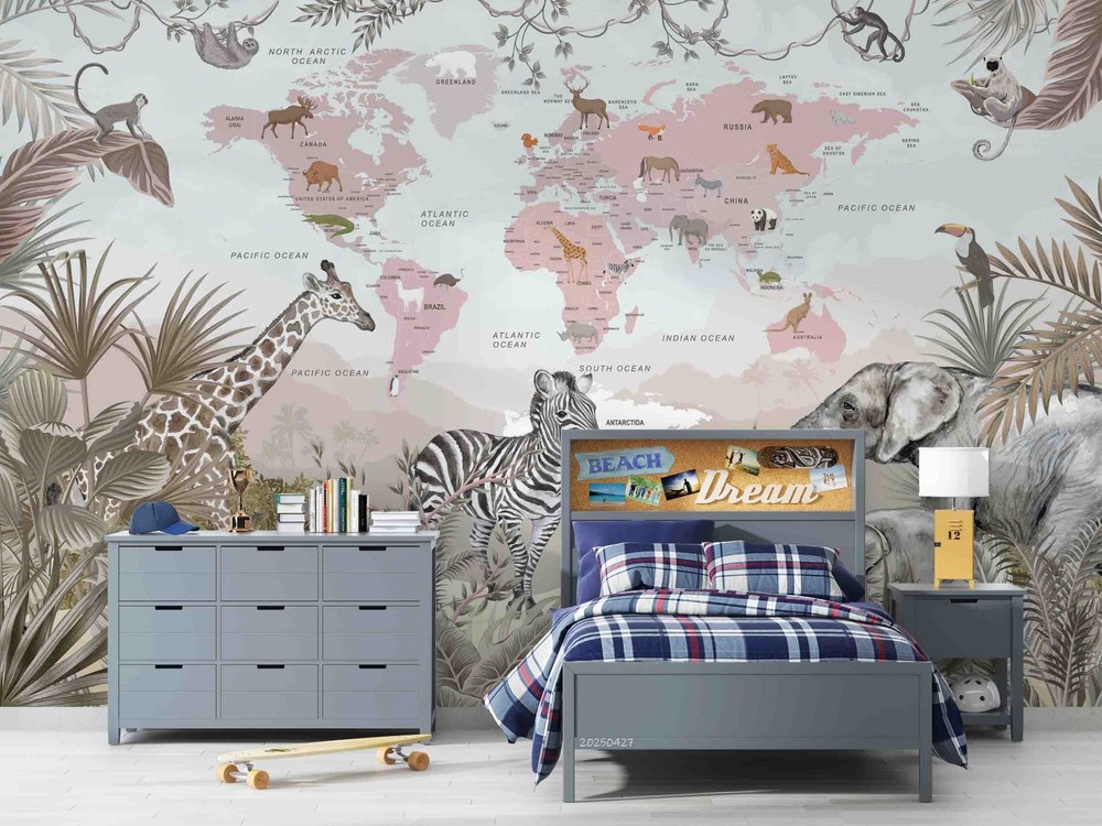 3D Jungle Animal World Map Wall Murals Wallpaper Murals Wall Sticker