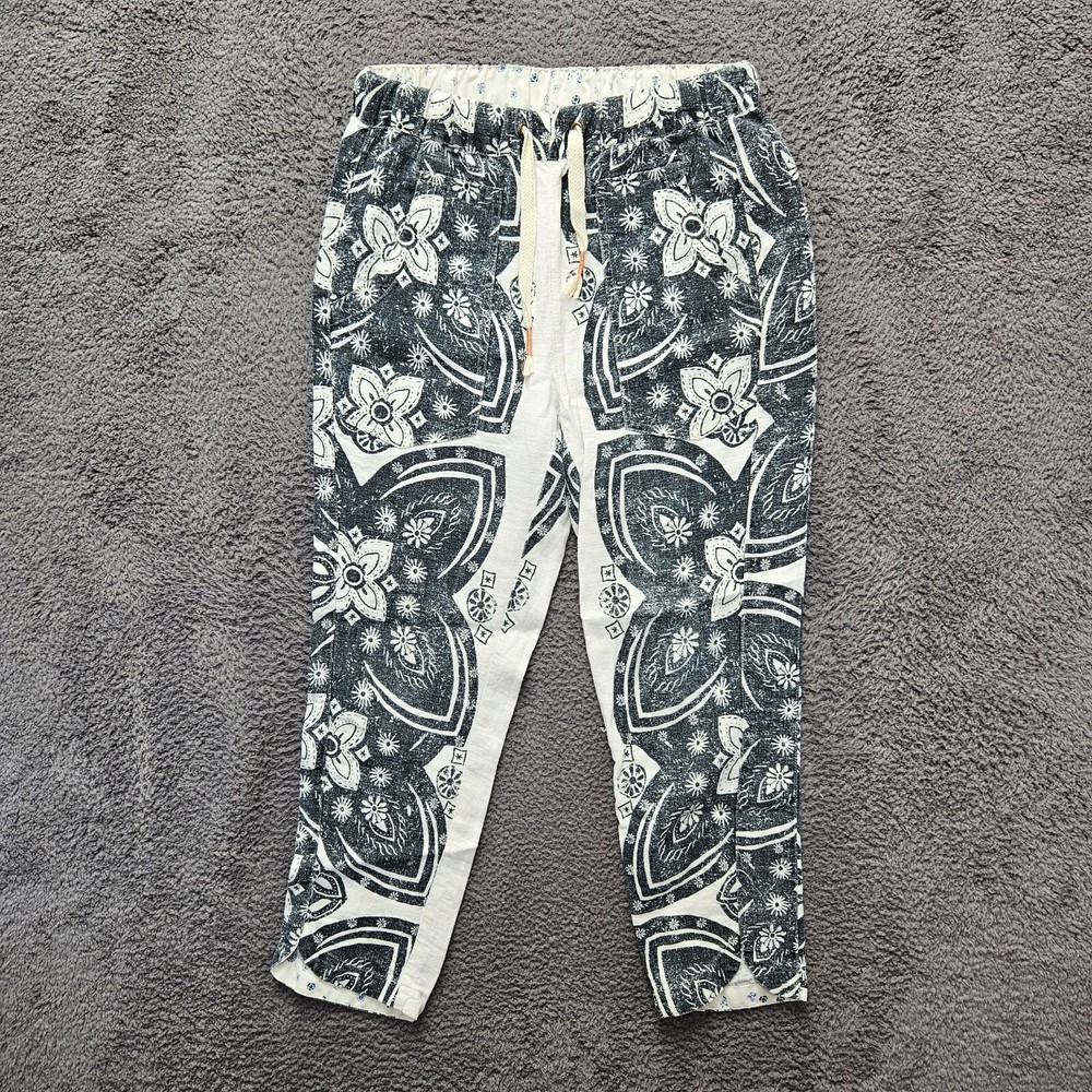 Pilcro Pants Women Size XS Black Ivory Linen Floral The Cottage Pull On Surf Pan