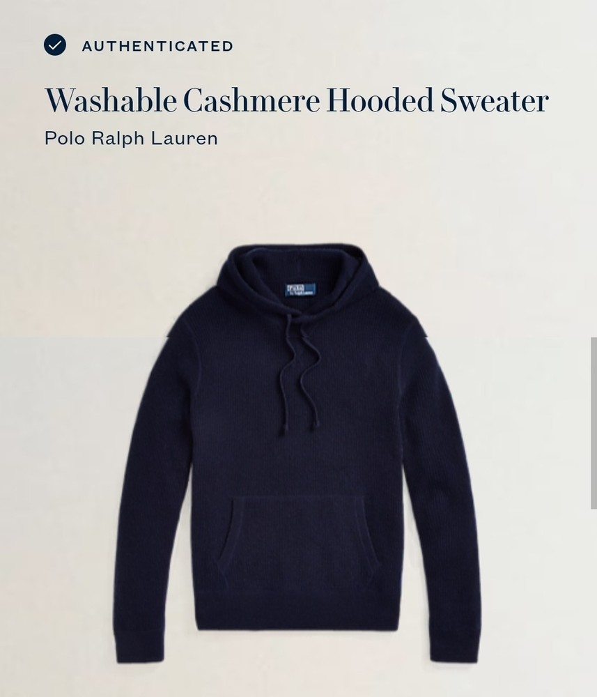 $398 Polo Ralph Lauren Men's Washable Cashmere Hooded Sweater, Blue, SMALL