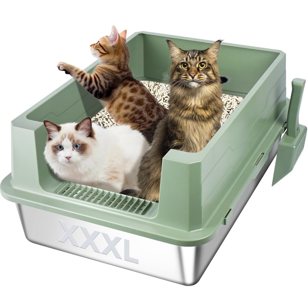XXXL Stainless Steel Jumbo Cat Litter Box with High Sides 28x20x12 Inches for Large Cats