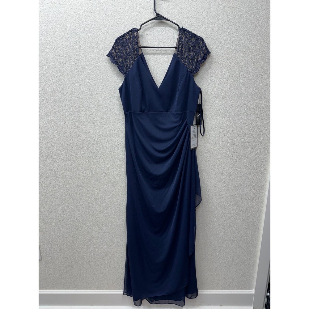 X By Xscape Dress Women's Size 16 Navy Blue Lace Sleeve Chiffon Gown New