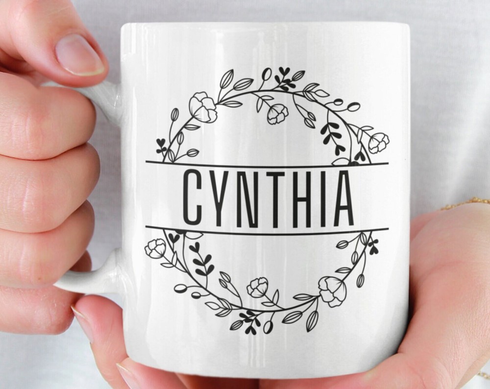 Custom Name Mug Floral Frame Design White or Color-Wrapped Ceramic